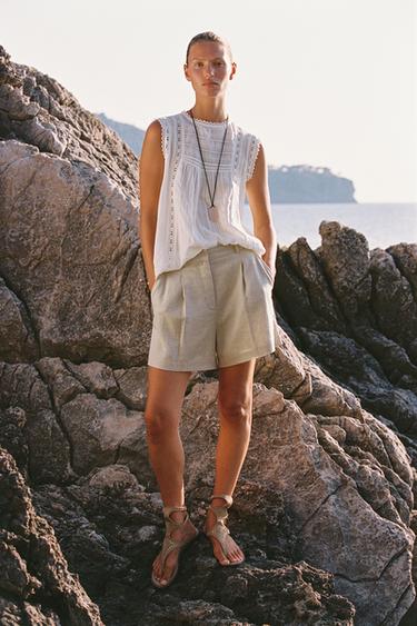 BERMUDA TAILLE HAUTE AVEC LIN - Beige clair de Zara