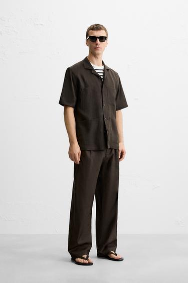 Zara 100% 亞麻口袋襯衫 - 巧克力色
