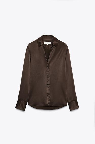 ZW COLLECTION SATIN SHIRT WITH VISCOSE - Dark brown by Zara