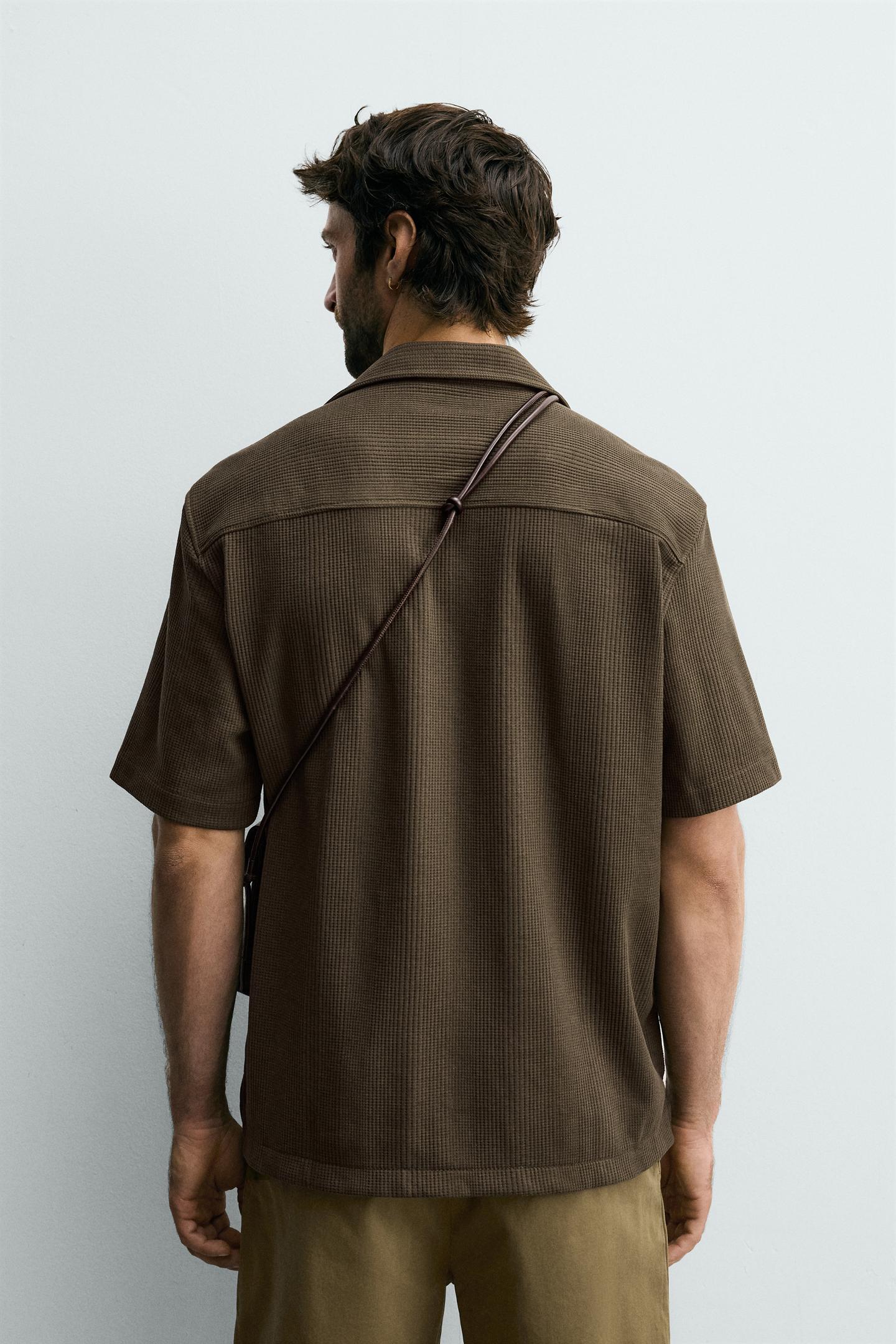 Мужская рубашка Zara Textured Regular Fit, цвет: Коричневый — фото 3