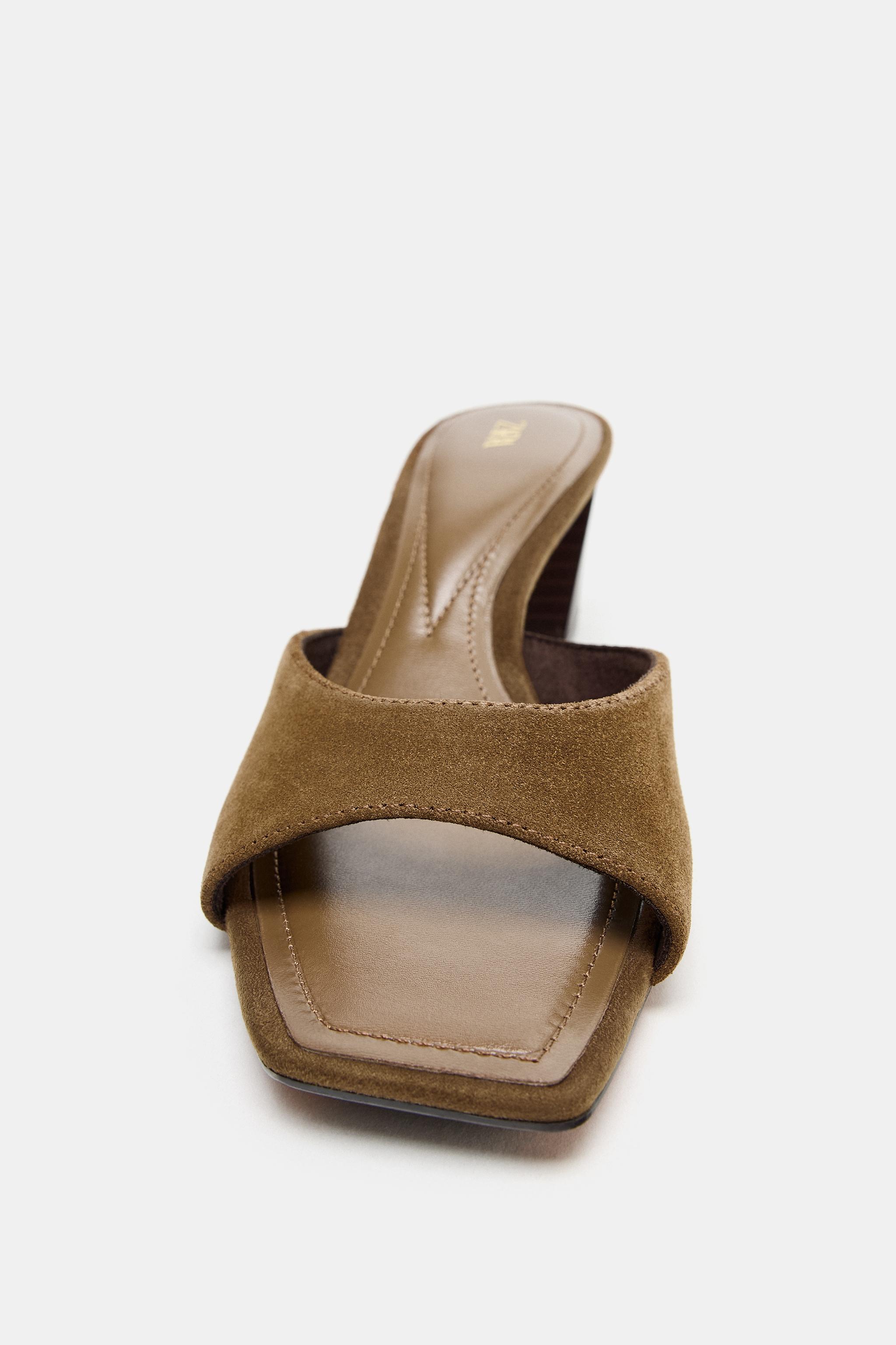 WIDE HEEL SPLIT LEATHER MULE SANDALS