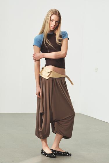 Zara ASYMMETRIC FLOWY BAGGY PANTS - Light brown