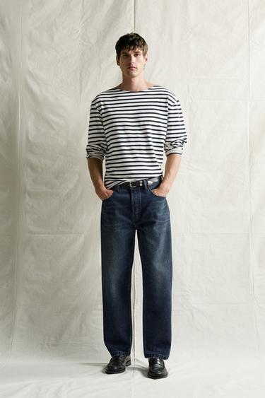 Zara STRIPED JACQUARD RELAXED T-SHIRT - Ecru / Navy - Image 0