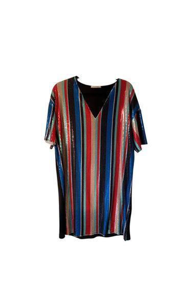 SEQUINS T-SHIRT BLACK DRESS WITH STRIPES SIZE M