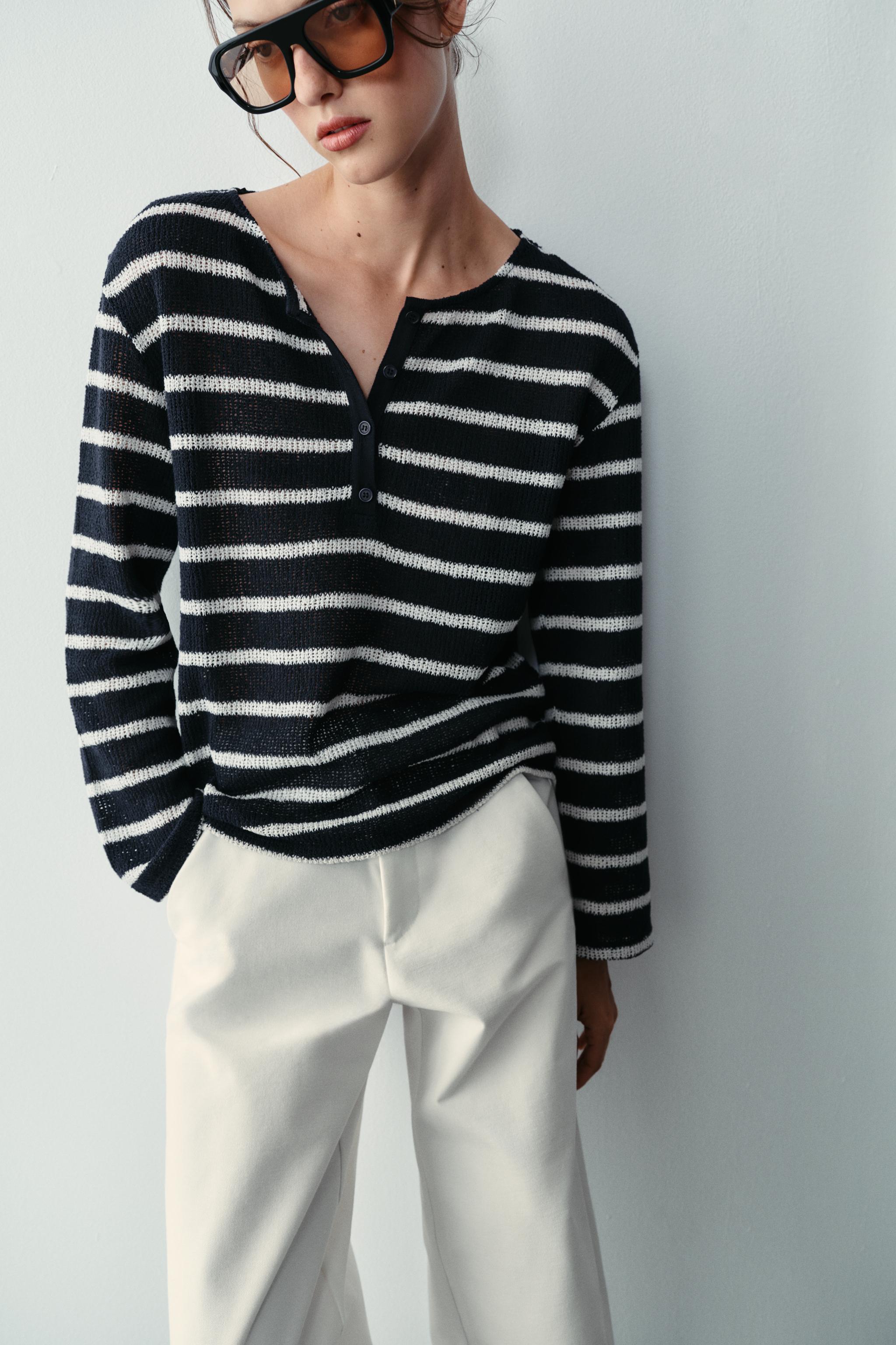 STRIPED HENLEY T-SHIRT — Blue / White