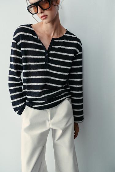 STRIPED HENLEY T-SHIRT - Blue/White by Zara