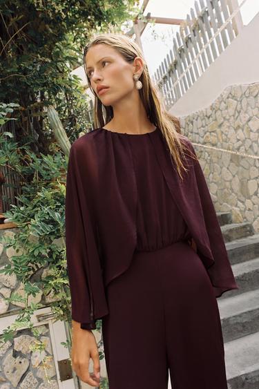 CAPE SLEEVE BELTED JUMPSUIT — Burgundy 2