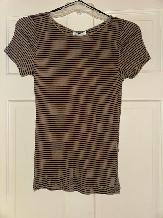 Black and brown striped t-shirt hanging on a clear hanger over a white door.