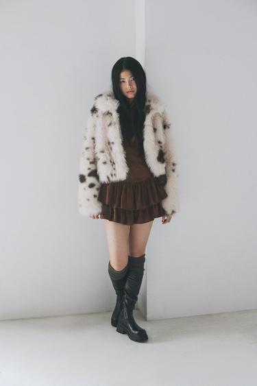 SHORT ANIMAL PRINT FAUX FUR COAT - brown/white by Zara