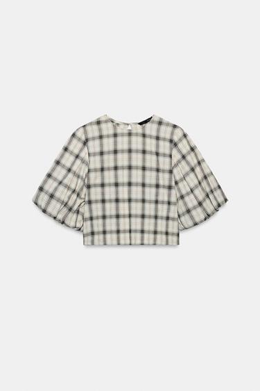 BLUSA CUADROS - Crudo / Azul de Zara