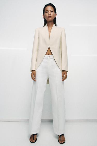 Zara ZW COLLECTION LAPELLESS LONG BLAZER - Light beige