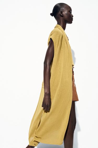 Zara LONG LINEN KNIT VEST - Oil