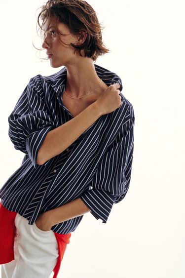 STRIPED PUFF SLEEVE SHIRT - Navy / White by Zara - Image 9