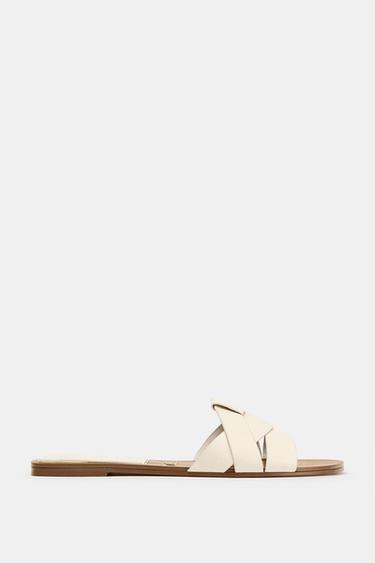 Zara LOW HEELED CROSSED LEATHER SANDALS - White