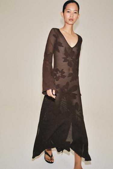 Zara LONG KNIT DRESS - Brown
