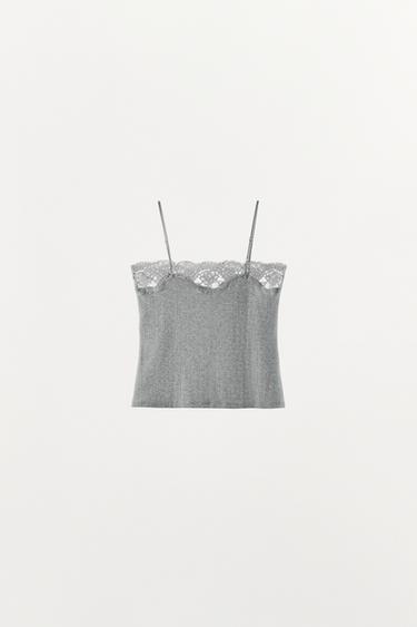 TOP EN MAILLE POINTELLE ET DENTELLE - Gris chiné de Zara - Image 8