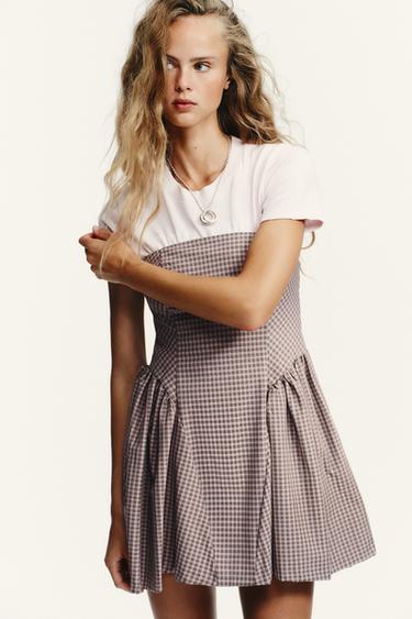ROBE COURTE BUSTIER À CARREAUX VICHY - Rose pâle de Zara - Image 3