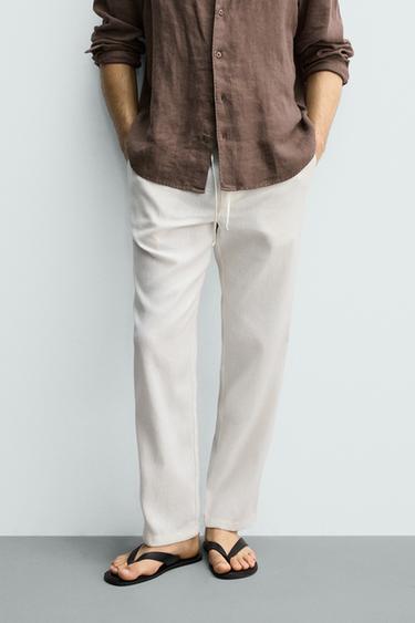 Zara RELAXED FIT COTTON - LINEN PANTS - Ecru