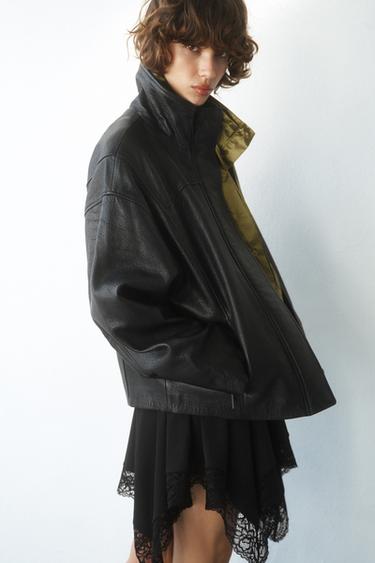 OVERSIZED 100% LEATHER JACKET - Black by Zara