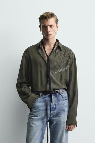 CHEMISE BRODERIE FANTAISIE ÉDITION LIMITÉE - Kaki foncé de Zara