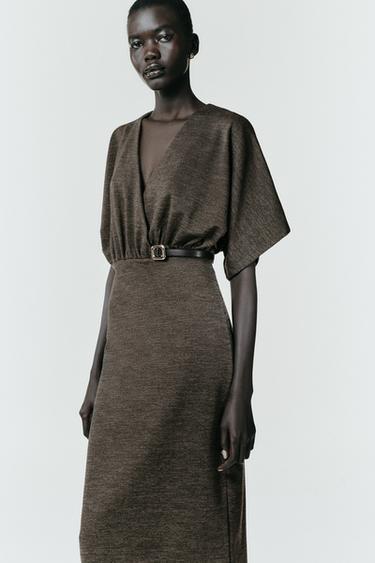 VESTIDO MIDI DE PIQUÊ COM CINTO - Verde-escuro da Zara