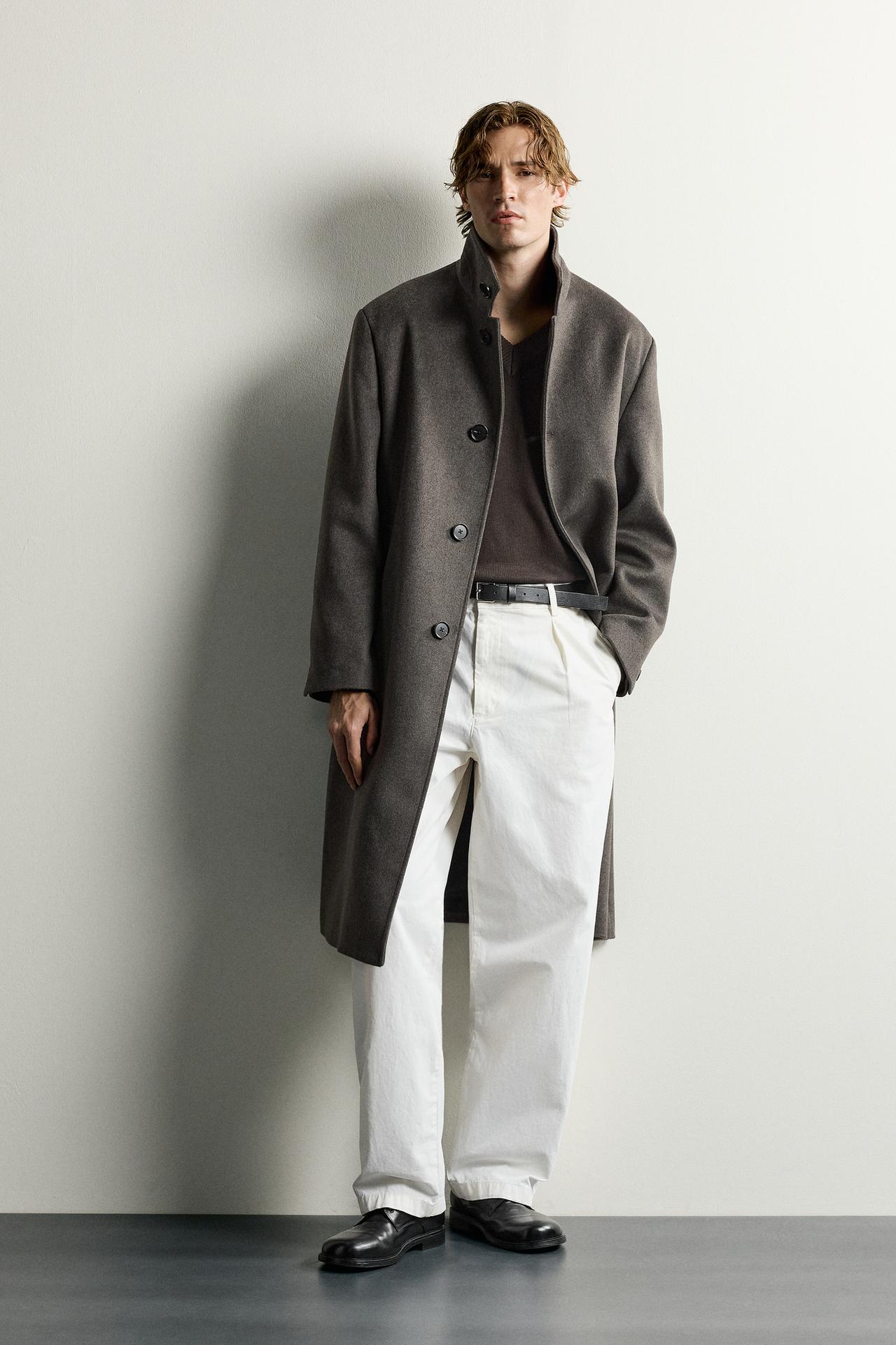 RELAXED-FIT HIGH-NECK COAT — Taupe gray