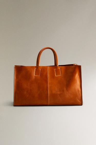LEATHER TOTE BAG - Brown by Zara - Image 0