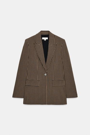 オーバーサイズギンガムチェック柄ブレザーベージュ­ブラウンZaraのオーバーサイズギンガムチェック柄ブレザー - ベージュ­ブラウン 