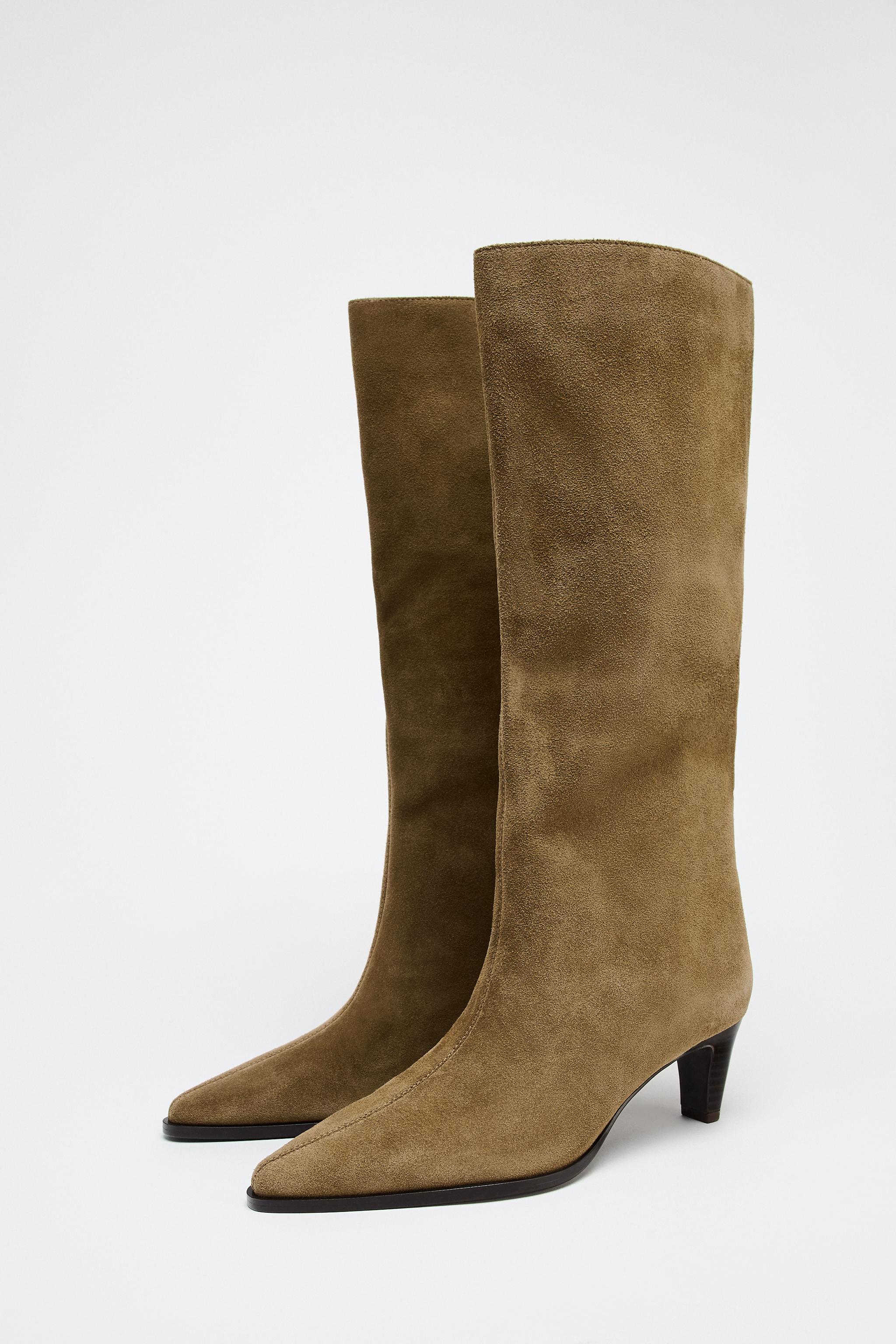 SPLIT LEATHER KITTEN HEEL BOOTS - Brown | ZARA United States