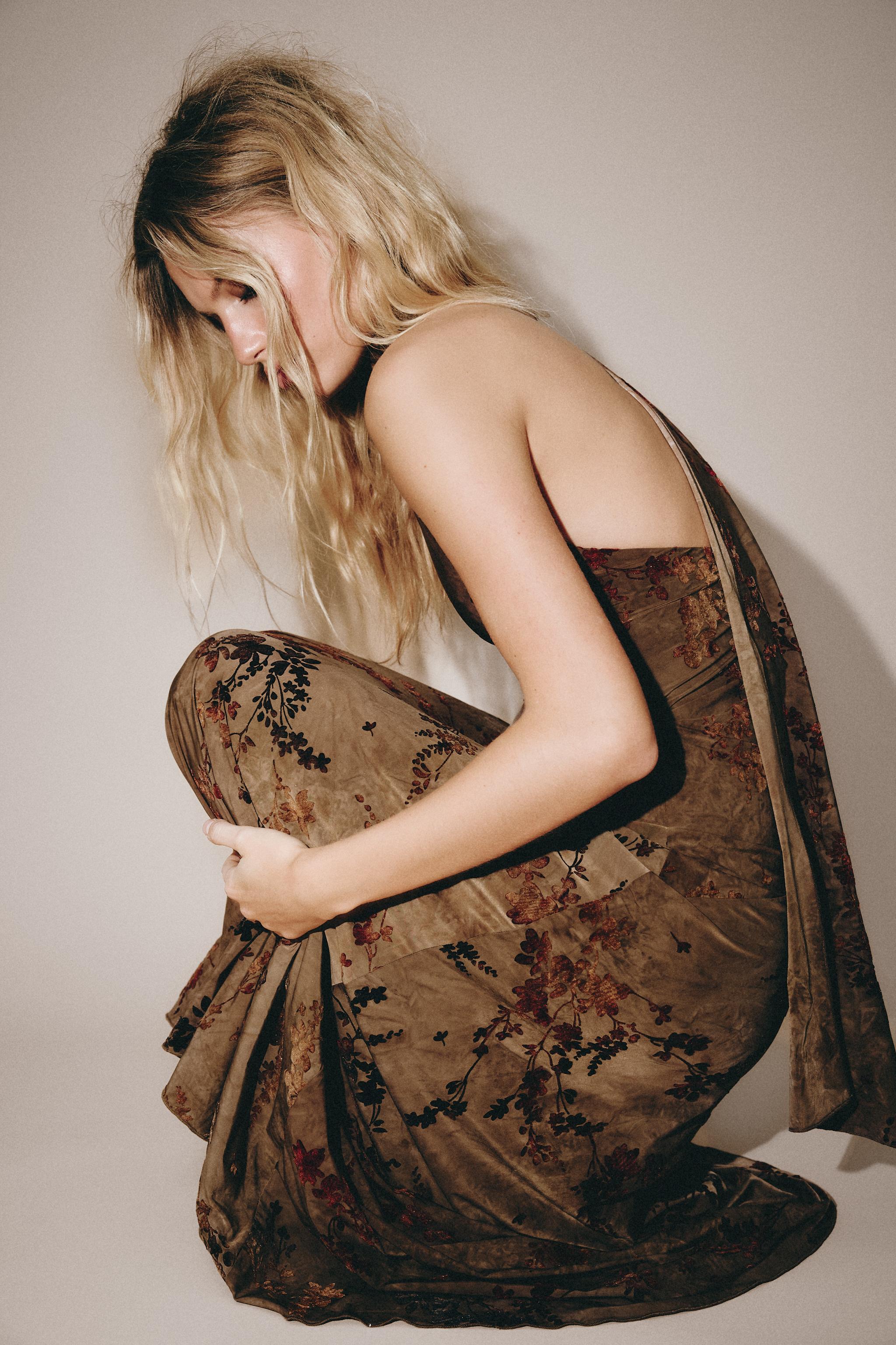 Flocked Scarf Halter Maxi Dress by Zara