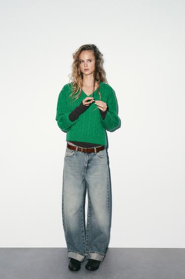 V-NECK CABLE-KNIT JUMPER - Green by Zara