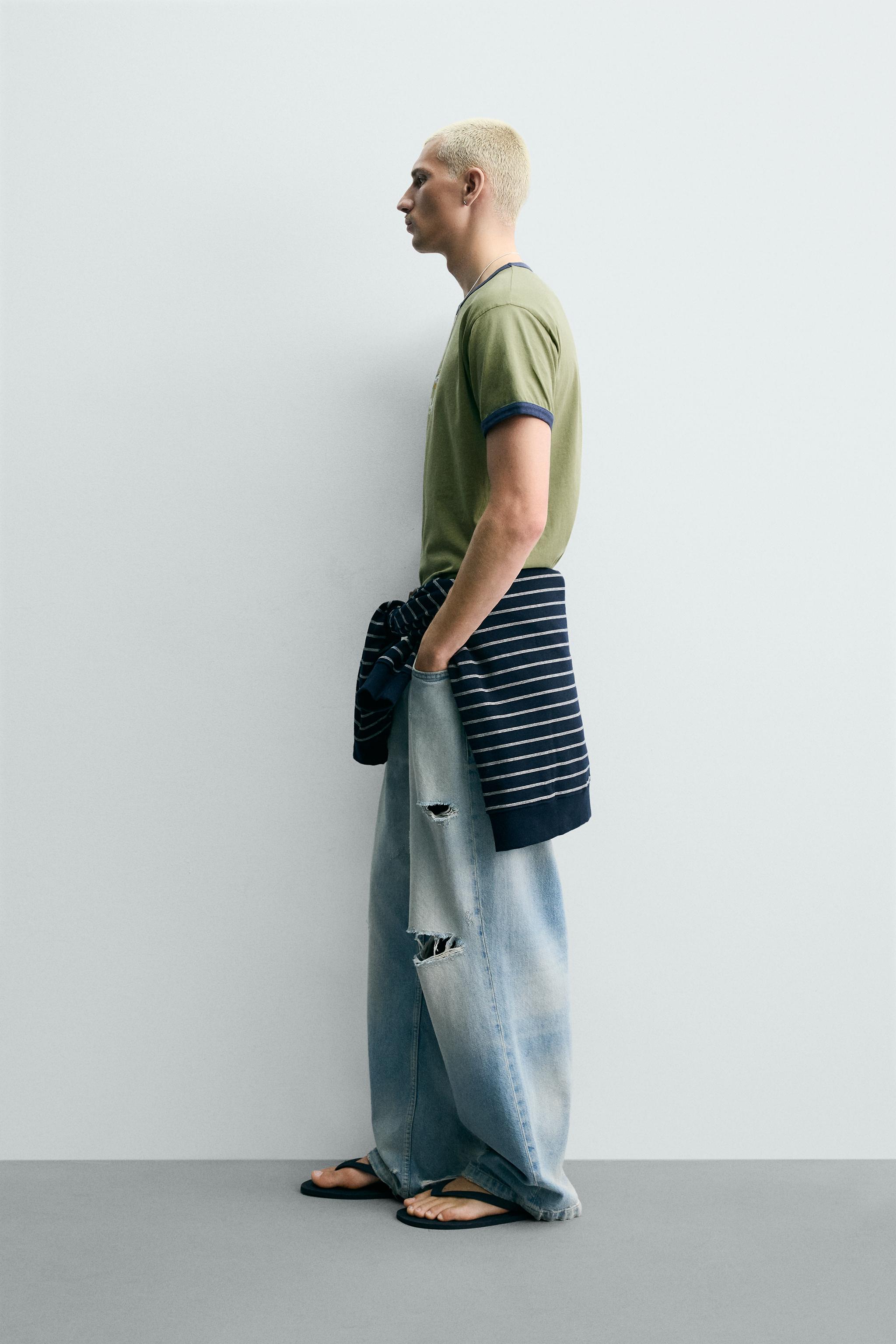 WASHED PRINT CONTRAST RIB T-SHIRT