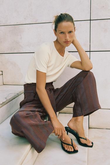 STRIPED PAPERBAG TROUSERS WITH BELT - Brown by Zara