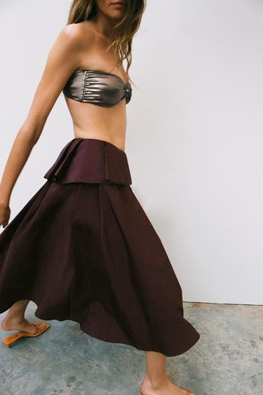 Zara VOLUMINOUS MIDI SKIRT - Burgundy