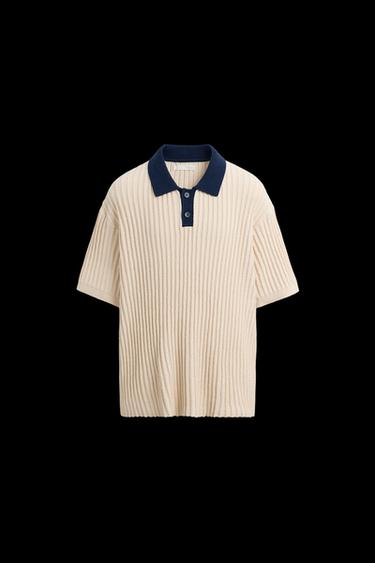 Zara CONTRASTING KNIT POLO SHIRT - Ecru - Image 0