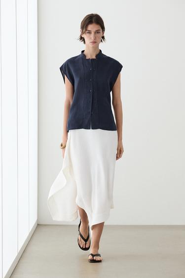 Zara Flowing 100% linen shirt with button detail - Dark navy - Image 0