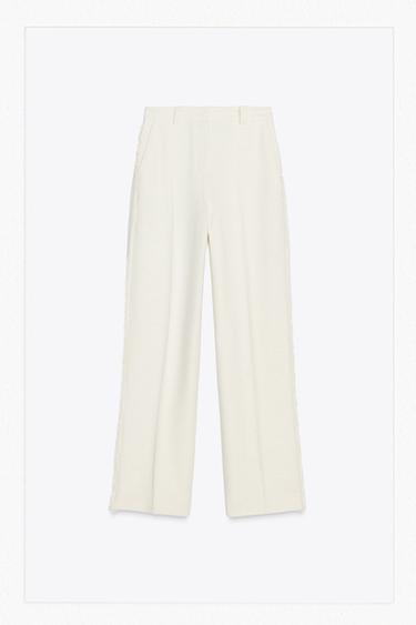 Zara STRAIGHT LEG PANTS WITH FRAYED SIDE STRIPE - Ecru