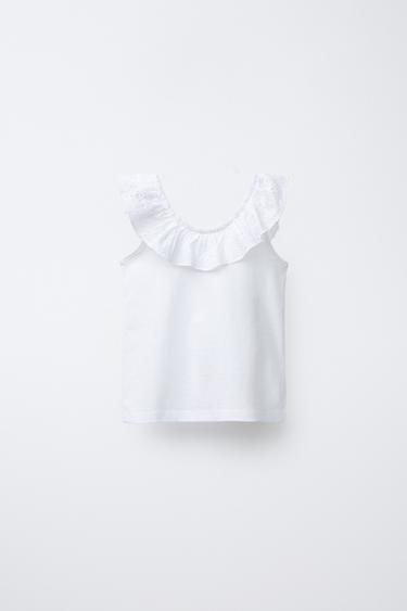 Zara SWISS EMBROIDERED RUFFLE TOP - White