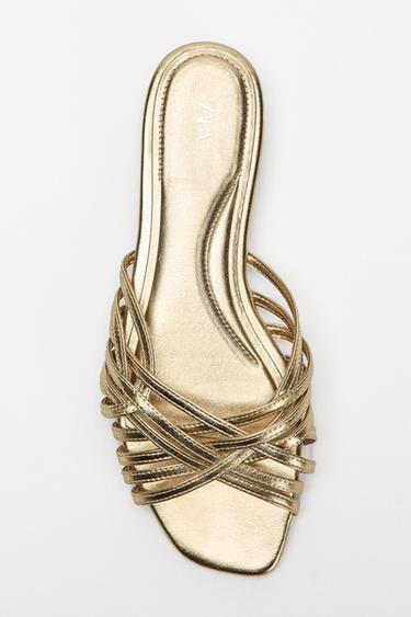 Zara METALLIC STRAPPY FLAT SANDALS - Gold