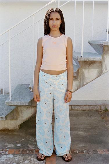 PANTALÓN WIDE LEG ESTAMPADO PAREO DESMONTABLE - Crudo / Azul de Zara