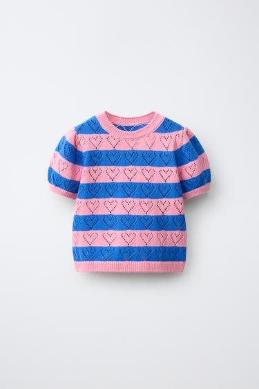 Zara STRIPED HEART KNIT T-SHIRT - Pink