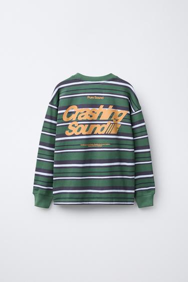 WOVEN STRIPE T-SHIRT WITH SLOGAN - GREEN by Zara - Image 1