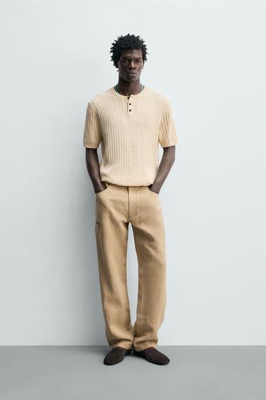 T-SHIRT MET POLOSLUITING VAN KATOEN EN LINNEN MET RIBBELPATROON - BOTER van Zara