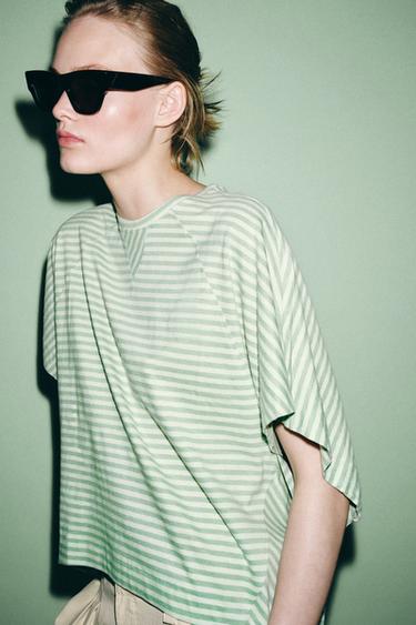 Zara STRIPED OVERSIZED T-SHIRT - Greens