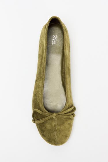 Zara SUEDE BALLET FLATS WITH BOW - Green