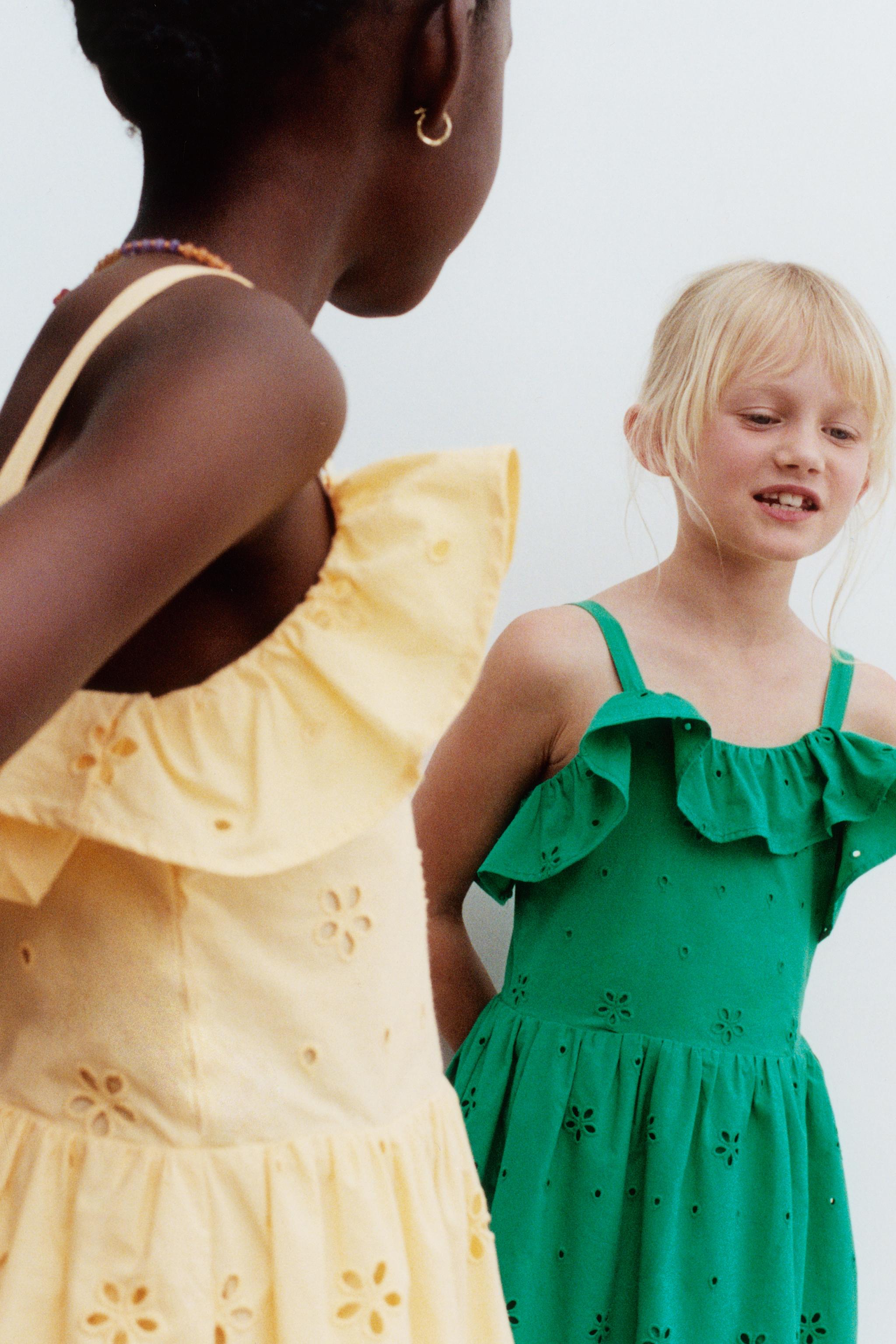 SCHIFFLY EMBROIDERED RUFFLE DRESS