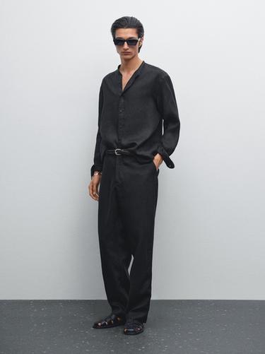Zara 100% linen regular fit stand-up collar shirt - Black