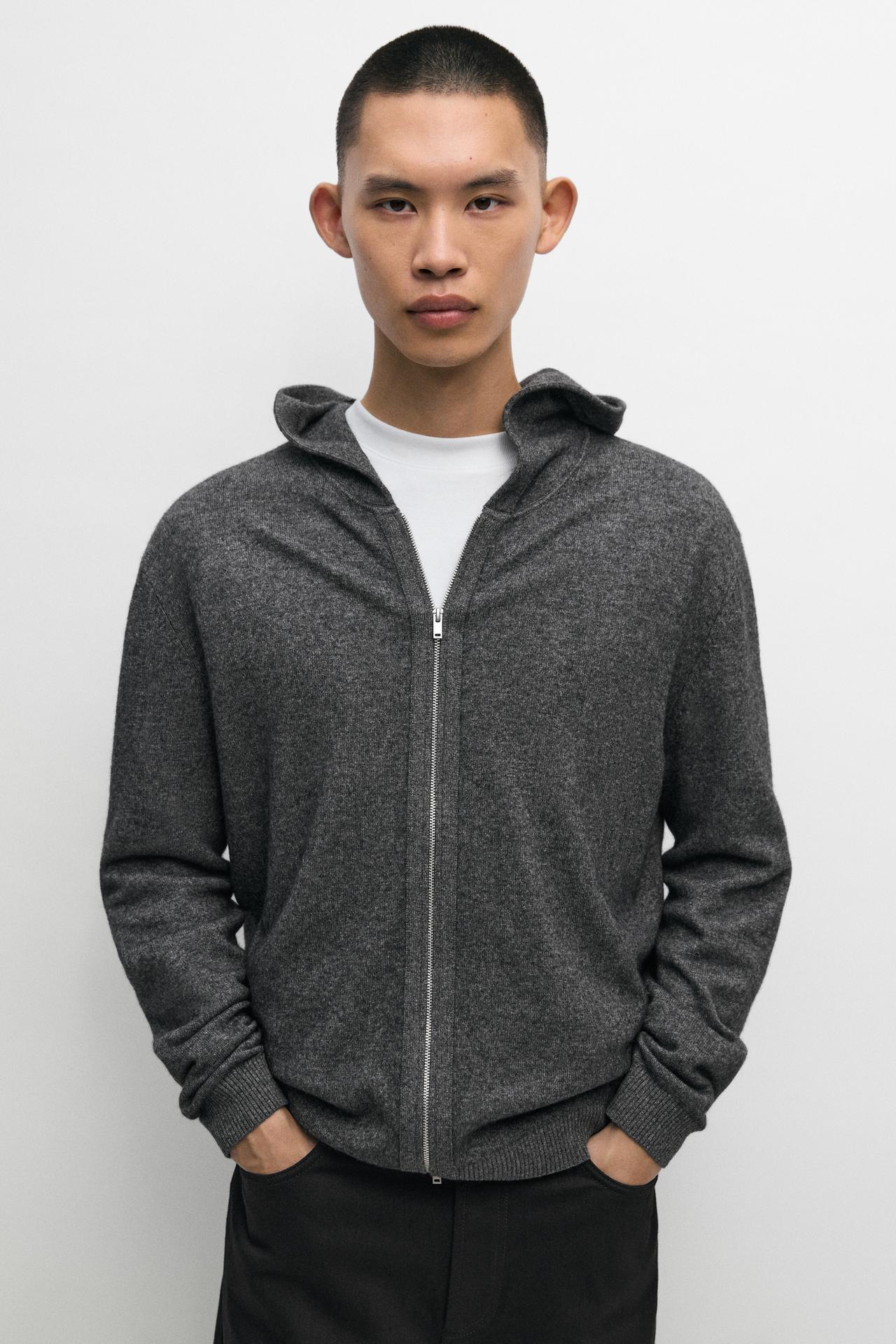 Wool-blend knit hooded cardigan — Gray / Beige