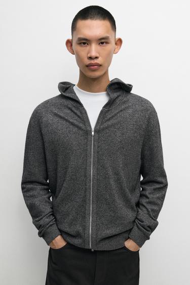 Wool-blend knit hooded cardigan — Gray / Beige 2