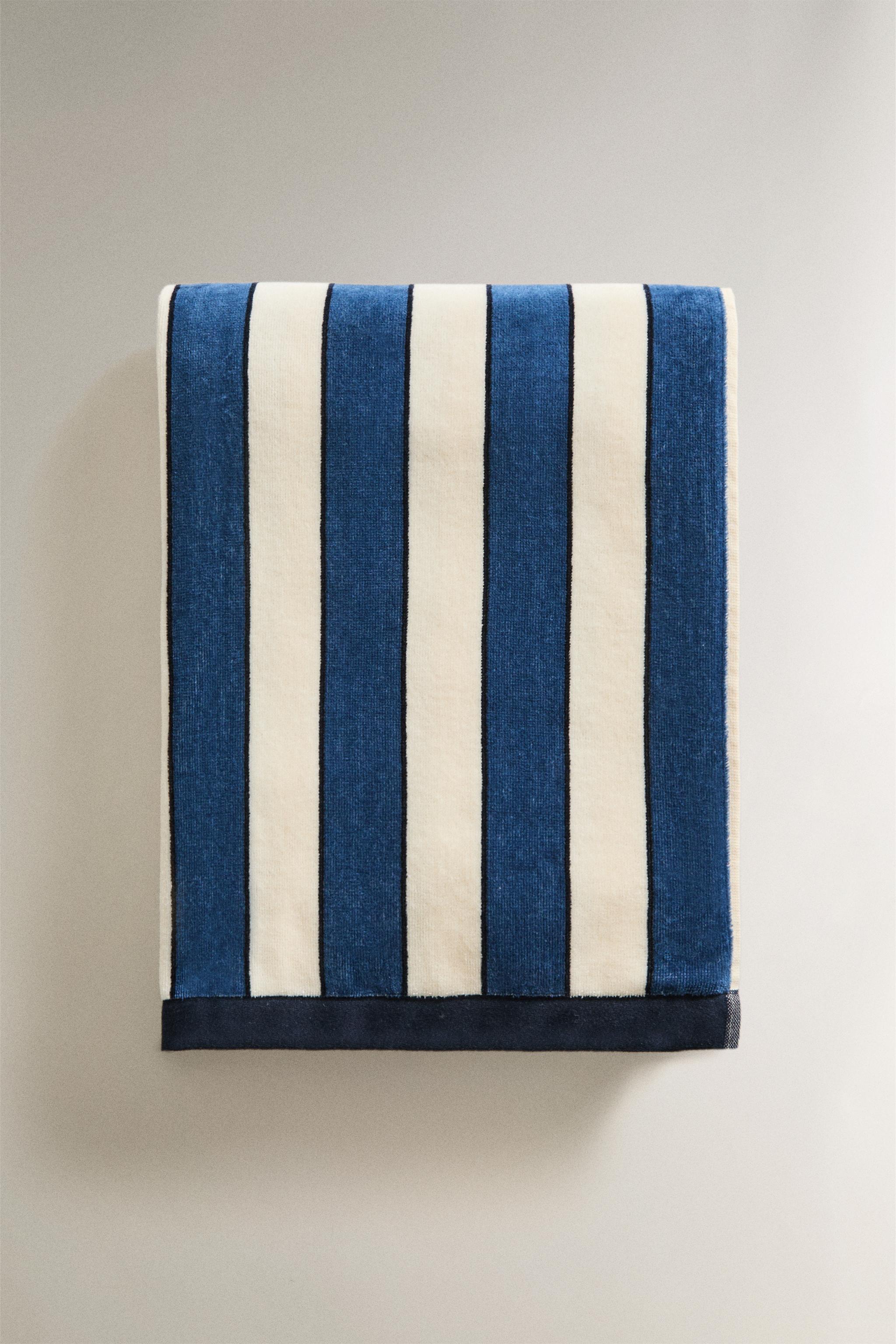 STRIPED VELOUR BEACH TOWEL — Mid-blue